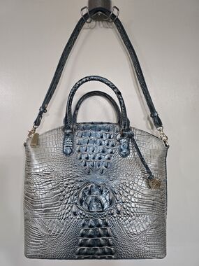 Brahmin Metallic Blue Croc-Embossed Leather Tote Bag
